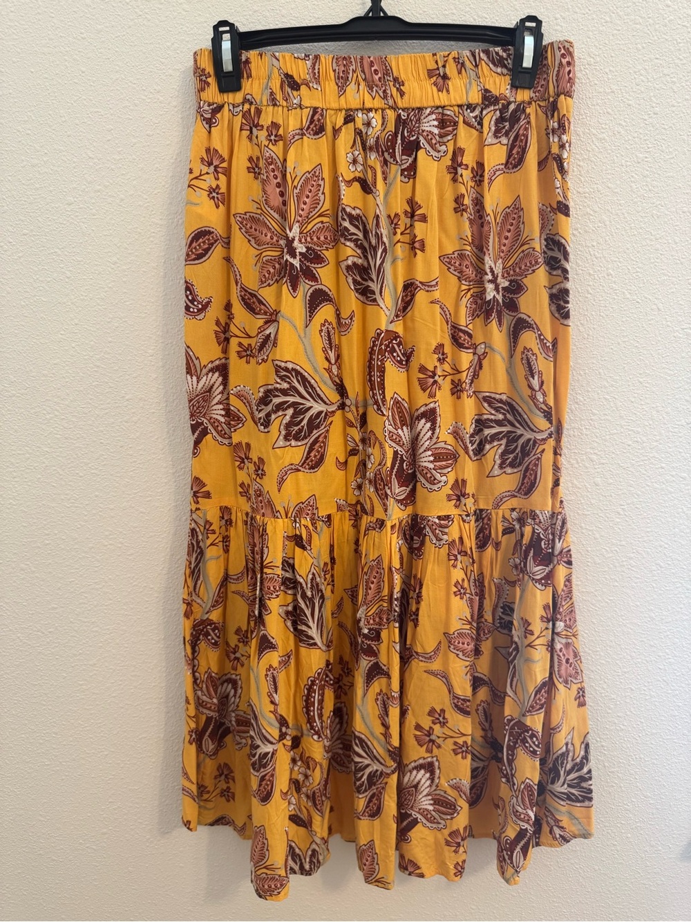 Milk & Honey Mustard Floral Faux Wrap Ruffle Midi Skirt Size Medium - Picture 2 of 4